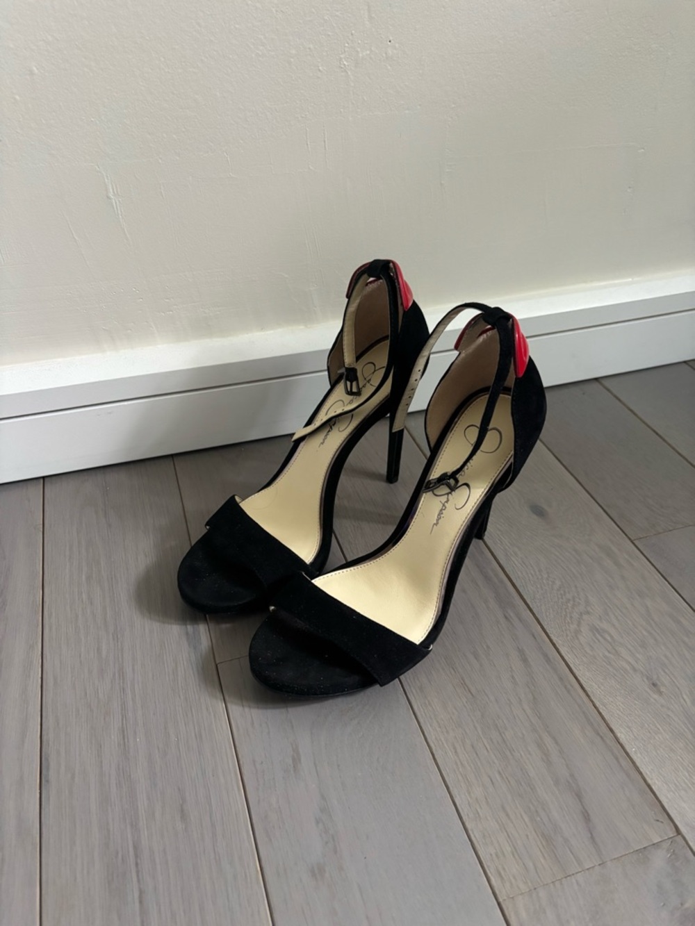 Black Suede Open-Toe High Heels with Lip Heel Accent